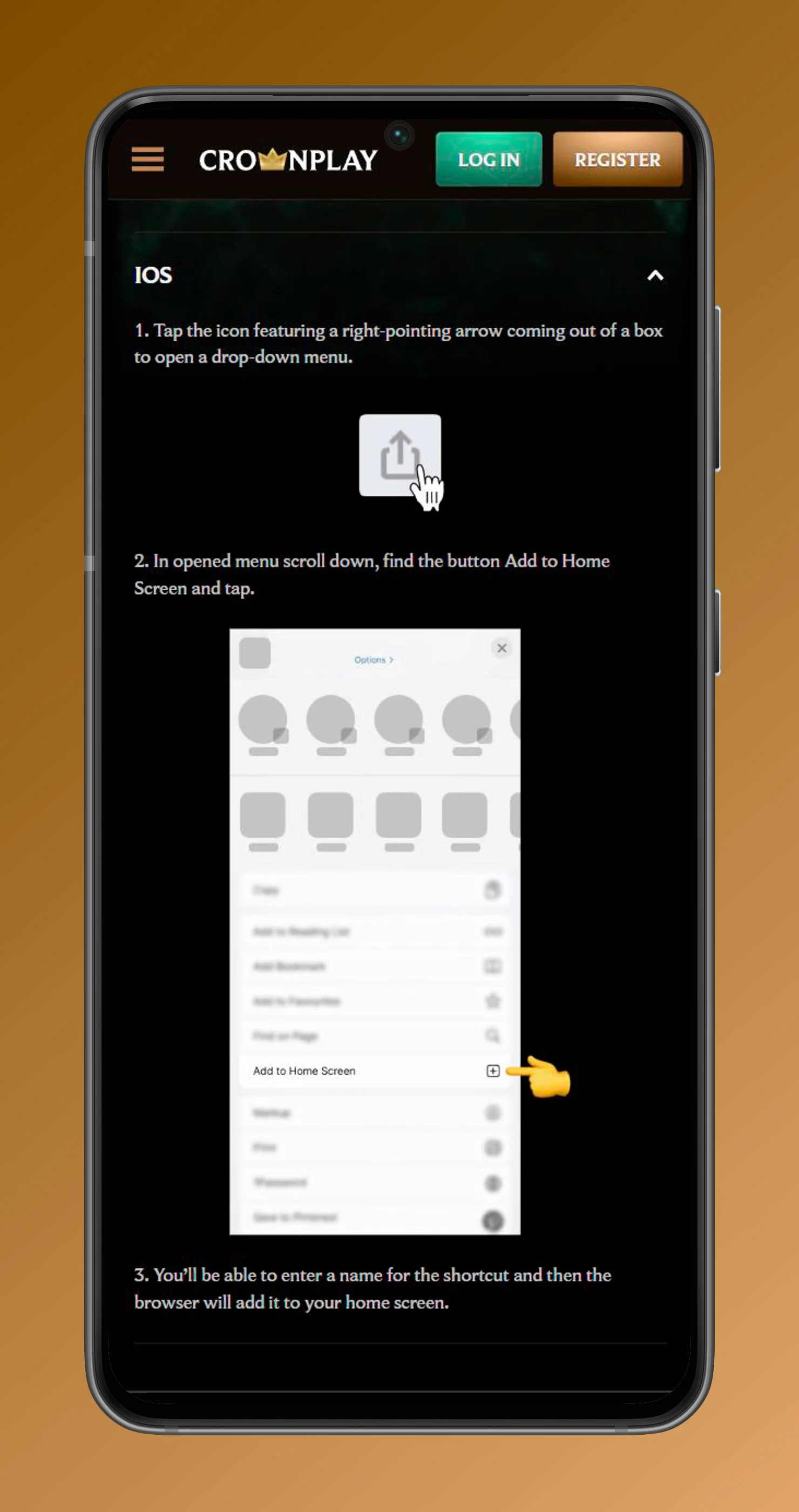 Create shortcut on mobile crownplay casino